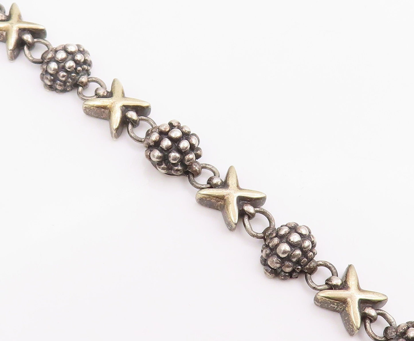14k Gold & 925 Sterling Silver Vintage Bracelet Beaded Ball & Cross Link BT11978