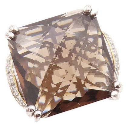 925 Sterling Silver Vintage Ring Diamonds & Square Cut Smoky Quartz Sz 7 RG30501