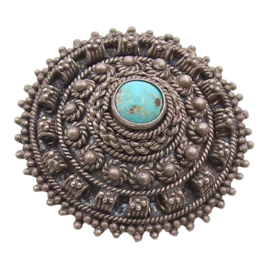 ISRAEL 925 Silver  Vintage Turquoise Dark Tone Floral Dome Brooch Pin  BP3850