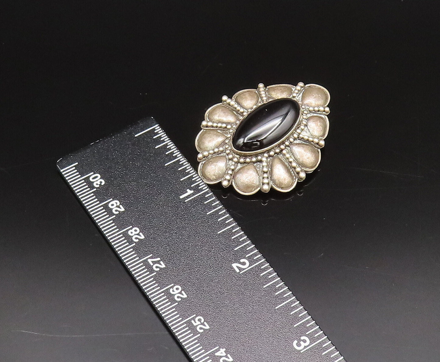 BALI 925 Sterling Silver Vintage Floral Black Onyx Clip Back Earrings EG12295
