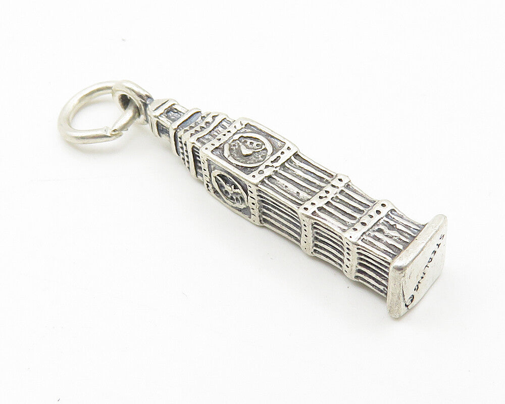925 Sterling Silver  Vintage Petite Clock Tower Building Drop Pendant  PT8444