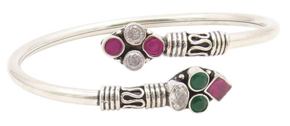 925 Silver  Vintage Ruby Emerald & White Topaz Bypass Cuff Bracelet  BT9564