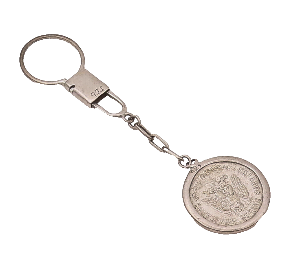 925 Sterling Silver Vintage Antique One Mexican Dollar Snap Hook Keychain TR3491