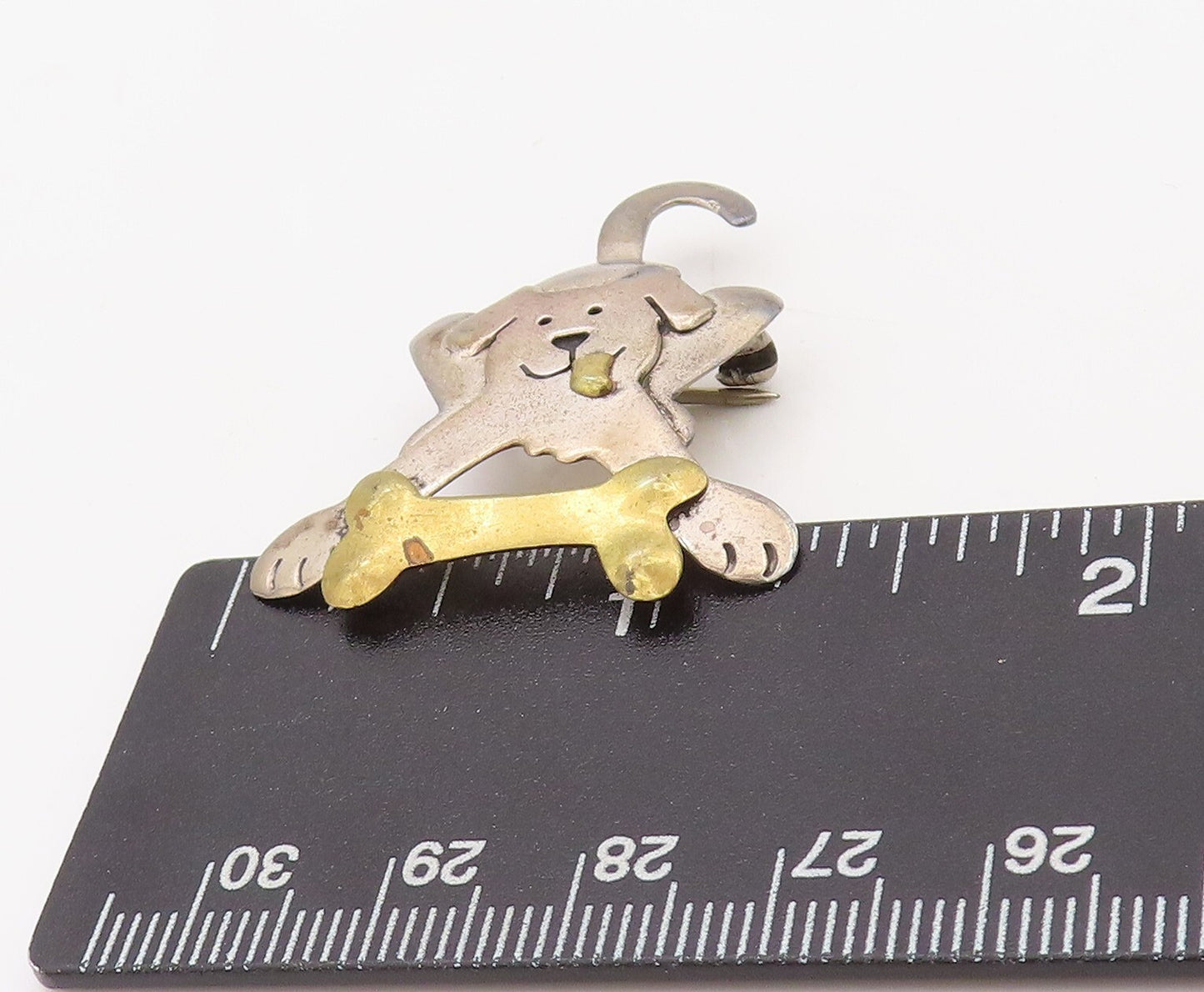 925 Sterling Silver Vintage Brooch Pin FAR FETCHED Dog Chasing Bone BP11200