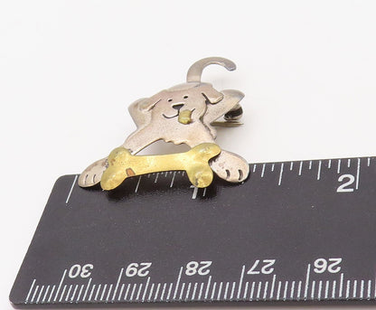 925 Sterling Silver Vintage Brooch Pin FAR FETCHED Dog Chasing Bone BP11200
