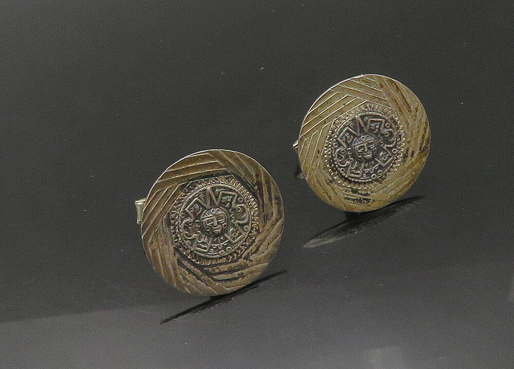 MEXICO 925 Sterling Silver  Vintage Mayan Aztec Sun Calendar Cufflinks  TR3071
