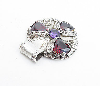 925 Sterling Silver  Vintage Amethyst & Red Topaz Sculpted Pendant  PT5026