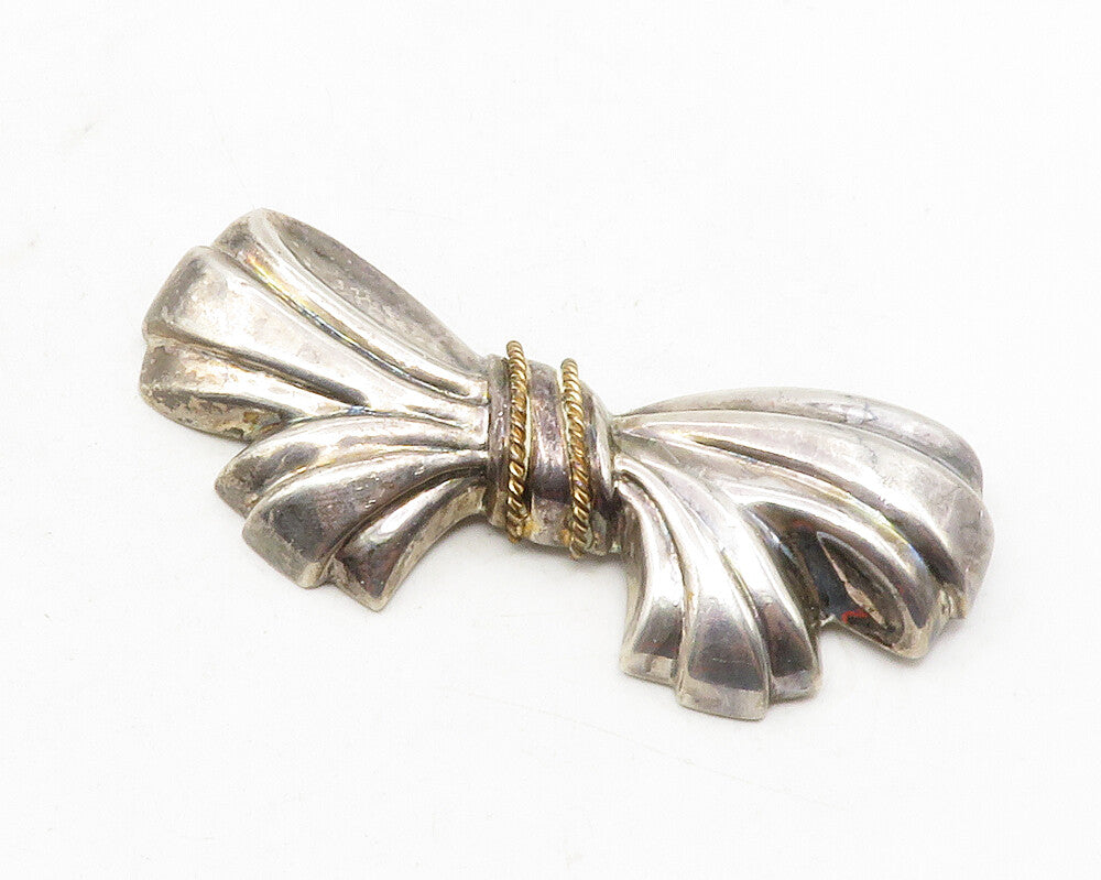 925 Sterling Silver  Vintage 2 Tone Rope Twist Ribbon Bow Brooch Pin  BP4478