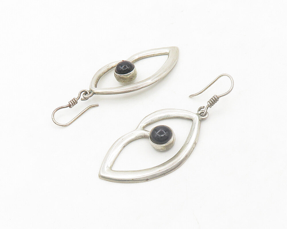 MEXICO 925 Silver  Vintage Cabochon Cut Black Onyx Shiny Drop Earrings  EG9617