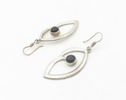 MEXICO 925 Silver  Vintage Cabochon Cut Black Onyx Shiny Drop Earrings  EG9617