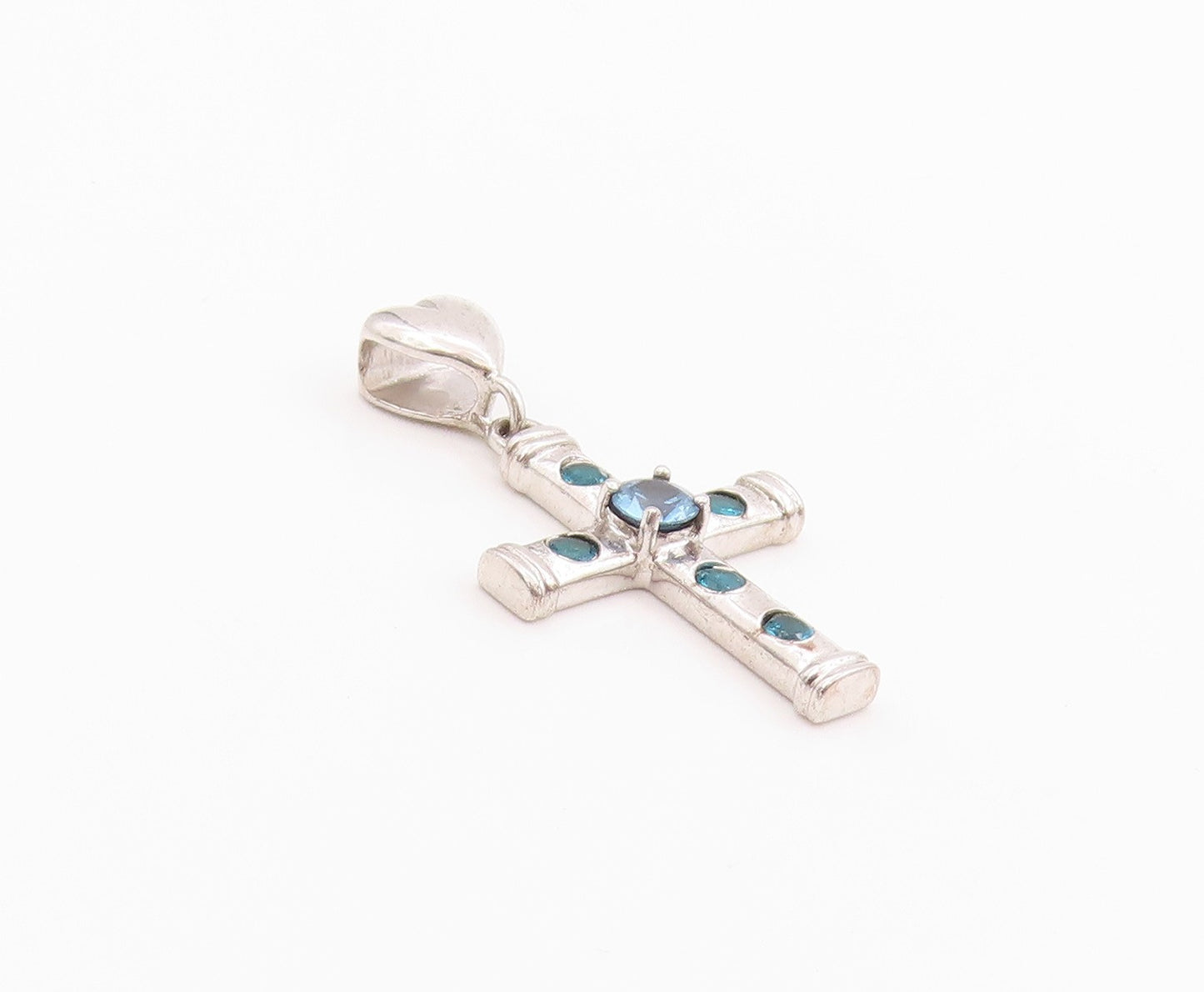 925 Sterling Silver Vintage Pendant Blue Topaz Religious Cross & Heart  PT24914