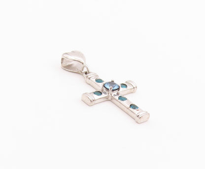 925 Sterling Silver Vintage Pendant Blue Topaz Religious Cross & Heart  PT24914