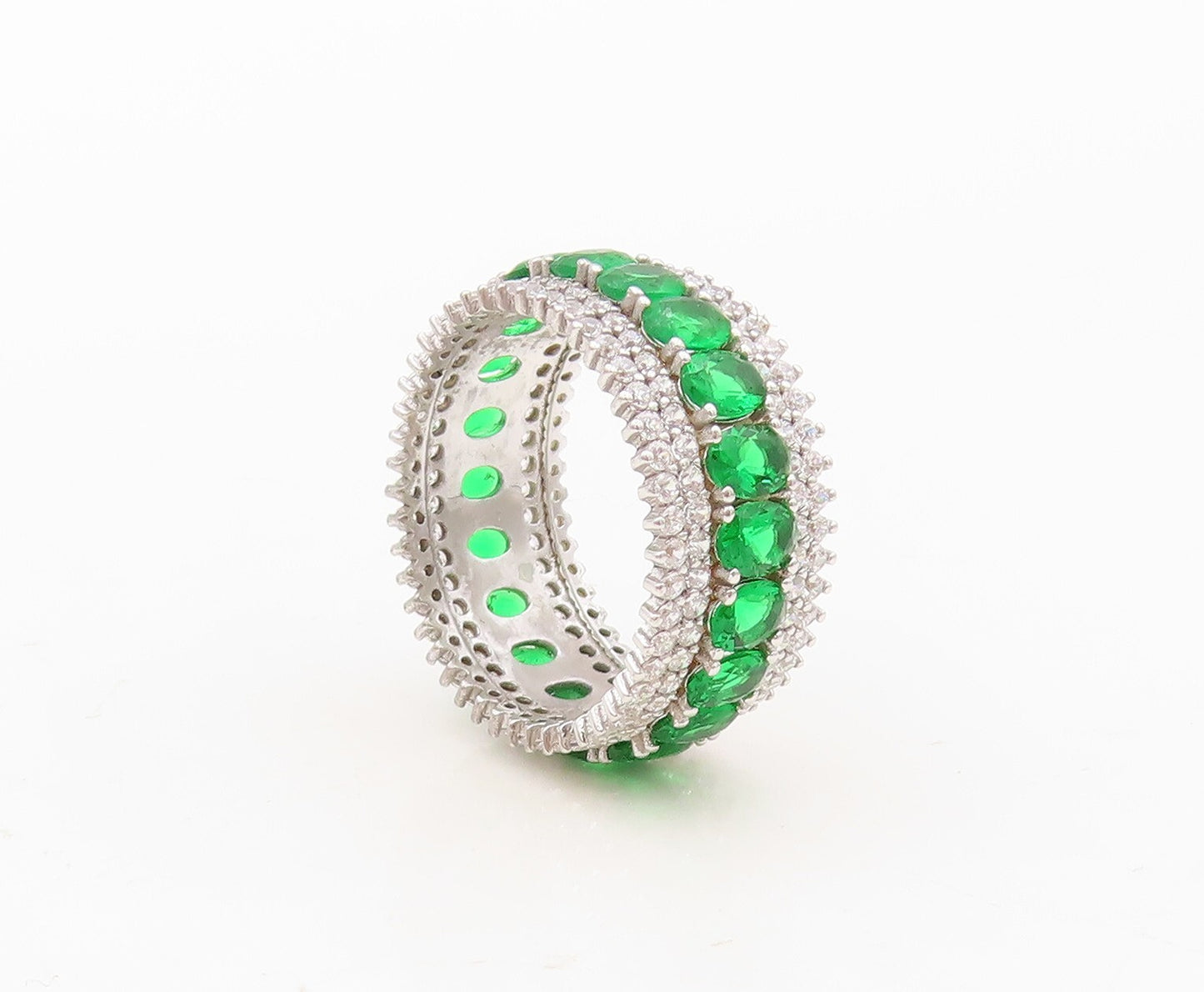 925 Sterling Silver Vintage Ring Oval Green & White CZ  Band  Sz 7  RG30406