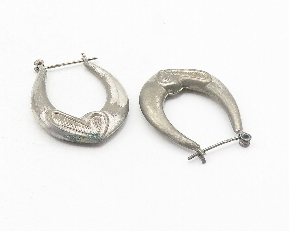 925 Sterling Silver  Vintage Dark Tone Hollow Love Heart Hoop Earrings  EG5960