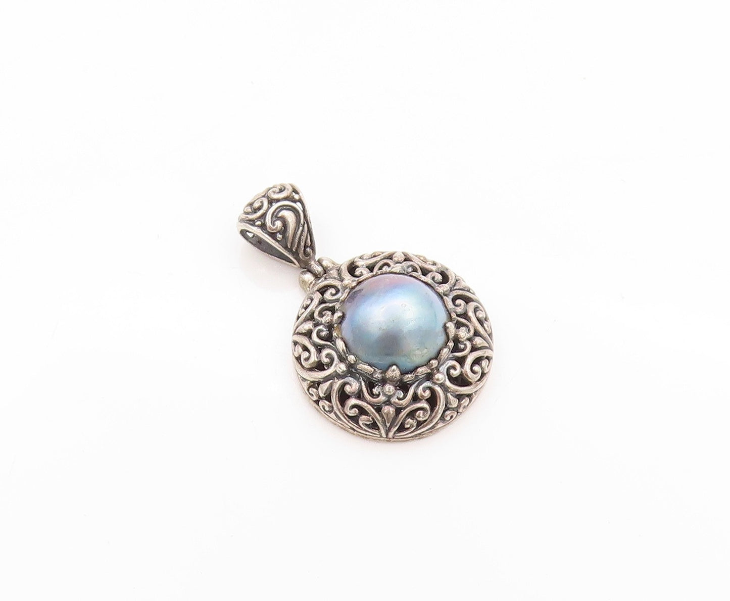 925 Sterling Silver Vintage Pendant Pearl Halo Dark Tone Swirls Carved  PT24104