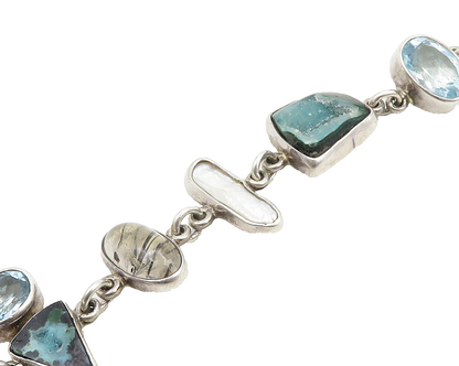 925 Silver Vintage Pearl Quartz Topaz & Multi Stone Chain Bracelet BT7697