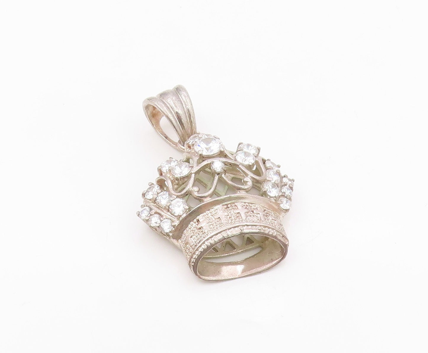 925 Sterling Silver  Vintage Cubic Zirconia Royal Crown Motif Pendant  PT15843