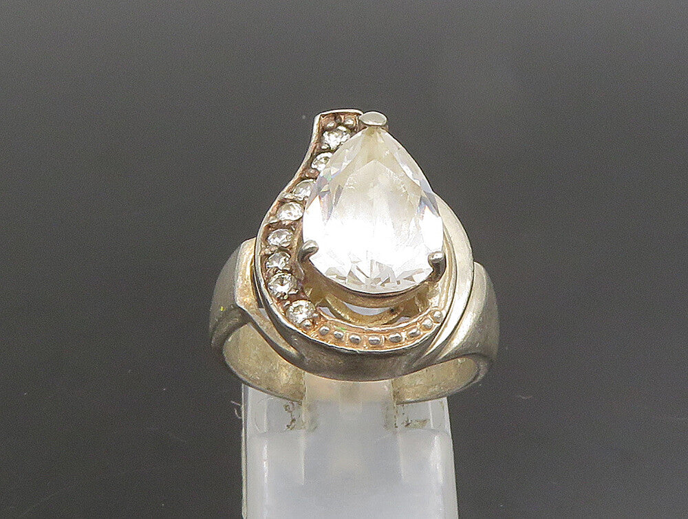925 Silver  Vintage Pear Shaped Cubic Zirconia Half Halo Ring Sz 7.5  RG25165