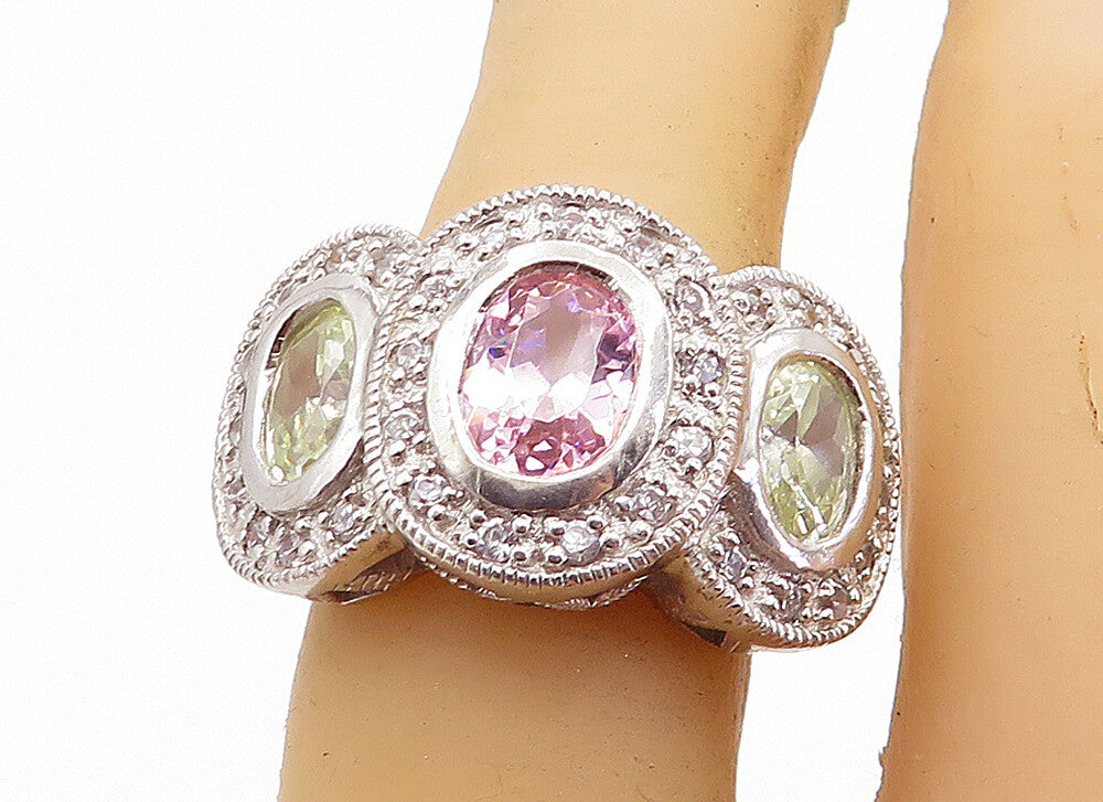 925 Sterling Silver  Multi Color Oval Cut Sapphire Band Ring Sz 6  RG7599