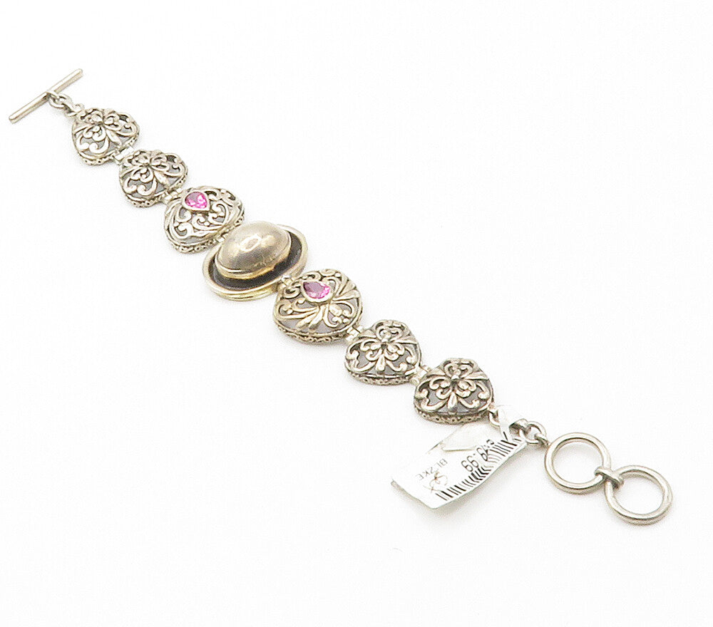 925 Sterling Silver  Vintage Pink Topaz Floral Hinge Chain Bracelet  BT5900