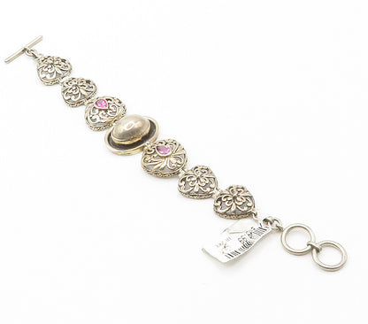 925 Sterling Silver  Vintage Pink Topaz Floral Hinge Chain Bracelet  BT5900