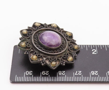 925 Sterling Silver Vintage Brooch Pin ISRAEL Antique Amethyst Gemstone  BP11565