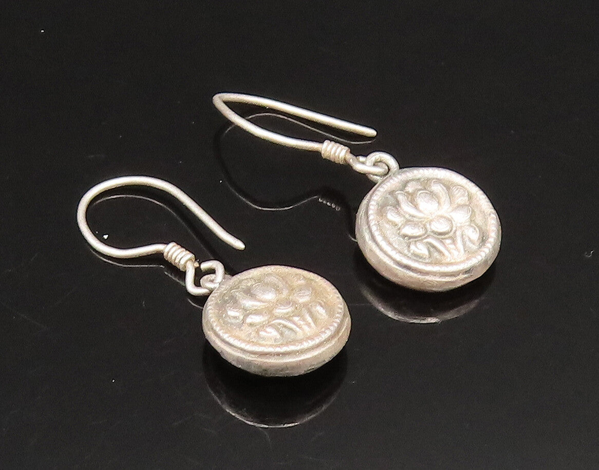 925 Sterling Silver  Vintage Oxidized Round Floral Dangle Earrings  EG11710