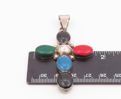 925 Sterling Silver Vintage Pendant MEXICO Cabochon Multi Gemstone Cross PT26045