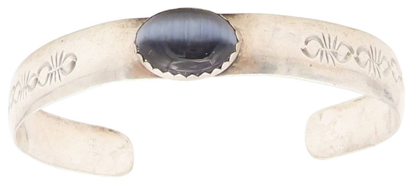 925 Sterling Silver Vintage Bracelet Oval Cabochon Cat Eye Etched Cuff  BT11635