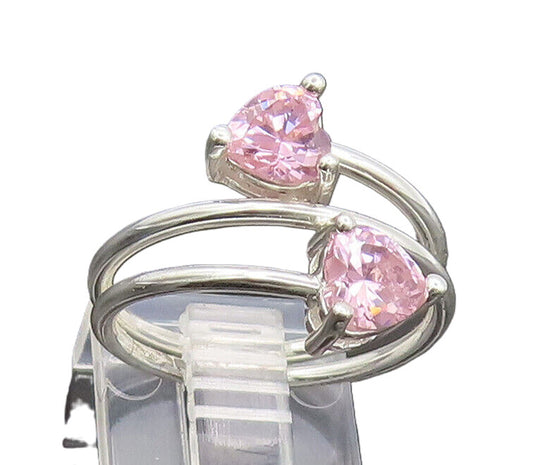 925 Silver  Vintage Minimalist Pink Hearts CZ Spiral End Ring Sz 8.5  RG27024