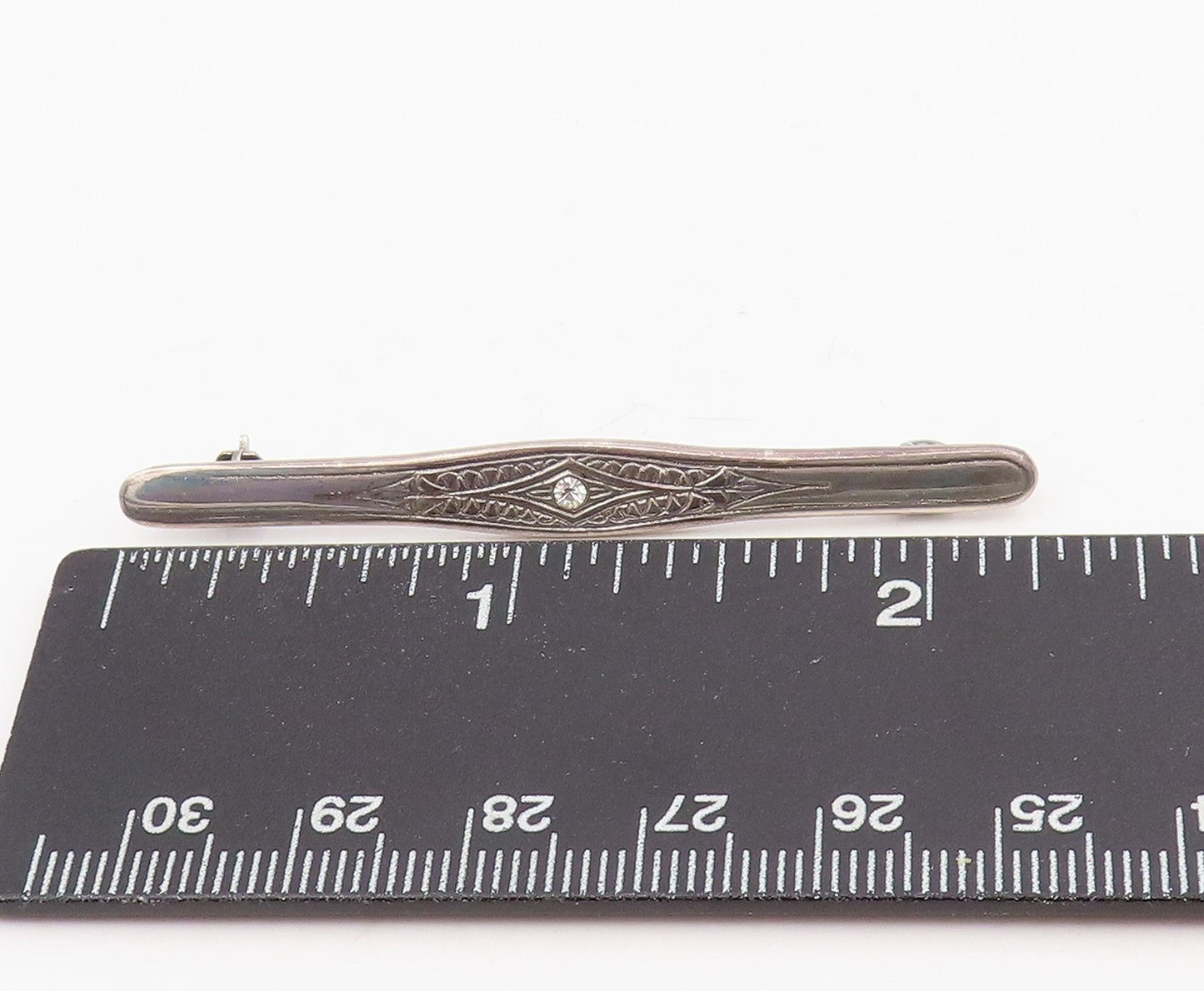 925 Sterling Silver Vintage Brooch Pin Round Cut CZ Etched Floral Bar  BP12201