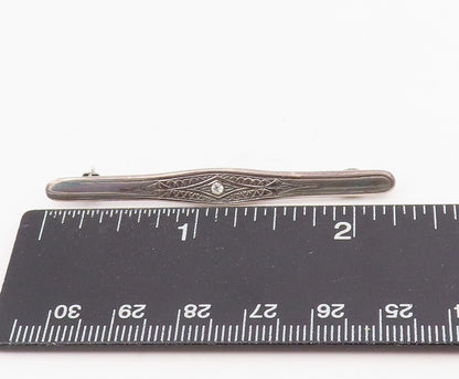 925 Sterling Silver Vintage Brooch Pin Round Cut CZ Etched Floral Bar  BP12201