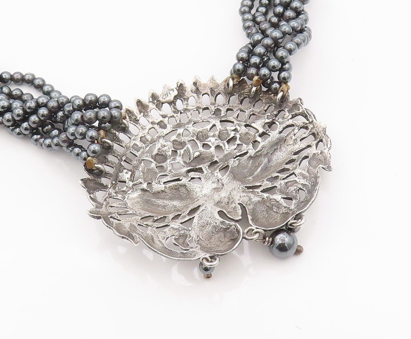 925 Sterling Silver Vintage Necklace Dark Tone Butterfly Hematite Bands  NE4483