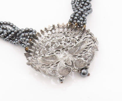 925 Sterling Silver Vintage Necklace Dark Tone Butterfly Hematite Bands  NE4483