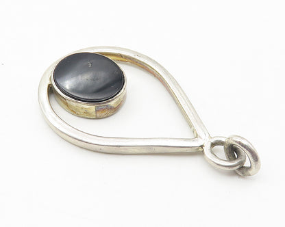 925 Sterling Silver  Vintage Inlaid Black Onyx Open Tear Drop Pendant  PT8296