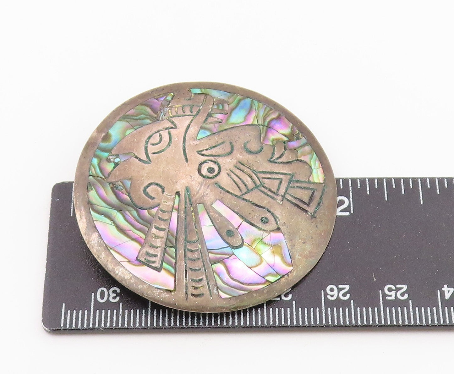 MEXICO 925 Sterling Silver  Vintage Abalone Shell Warrior Brooch Pin  BP3549