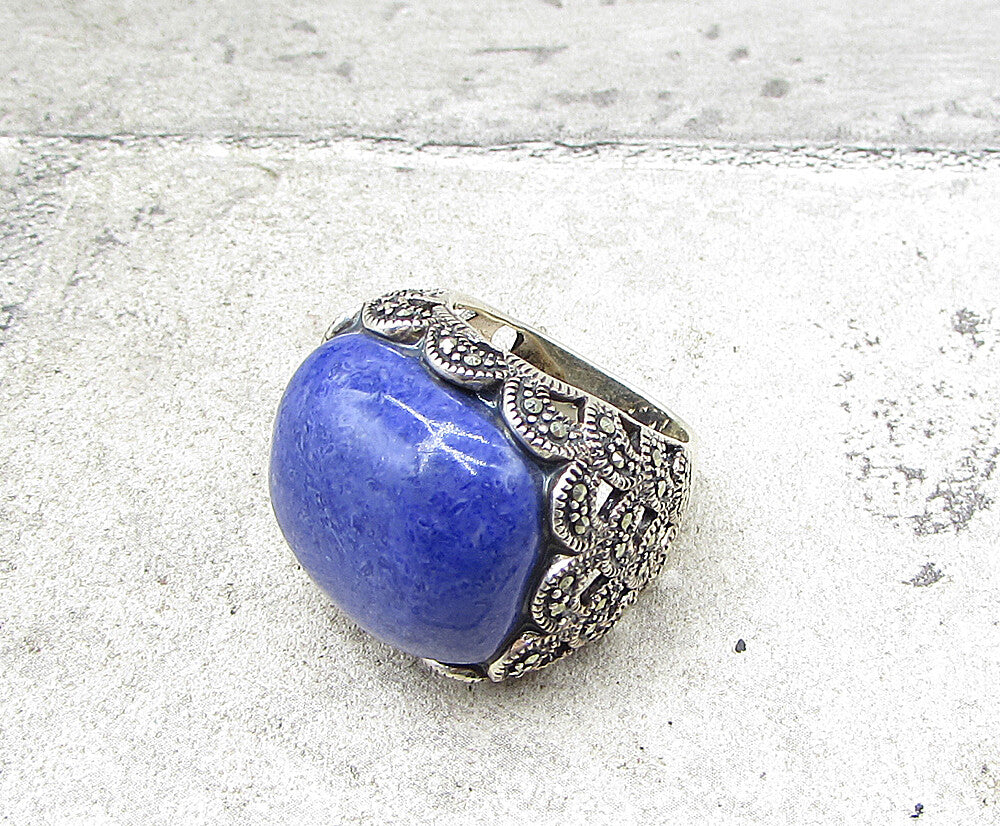 925 Sterling Silver  Sodalite & Marcasite Cocktail Ring Sz 5.5  RG1936