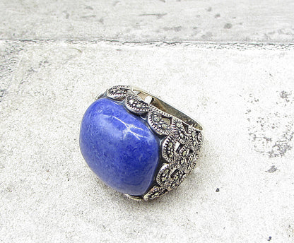 925 Sterling Silver  Sodalite & Marcasite Cocktail Ring Sz 5.5  RG1936