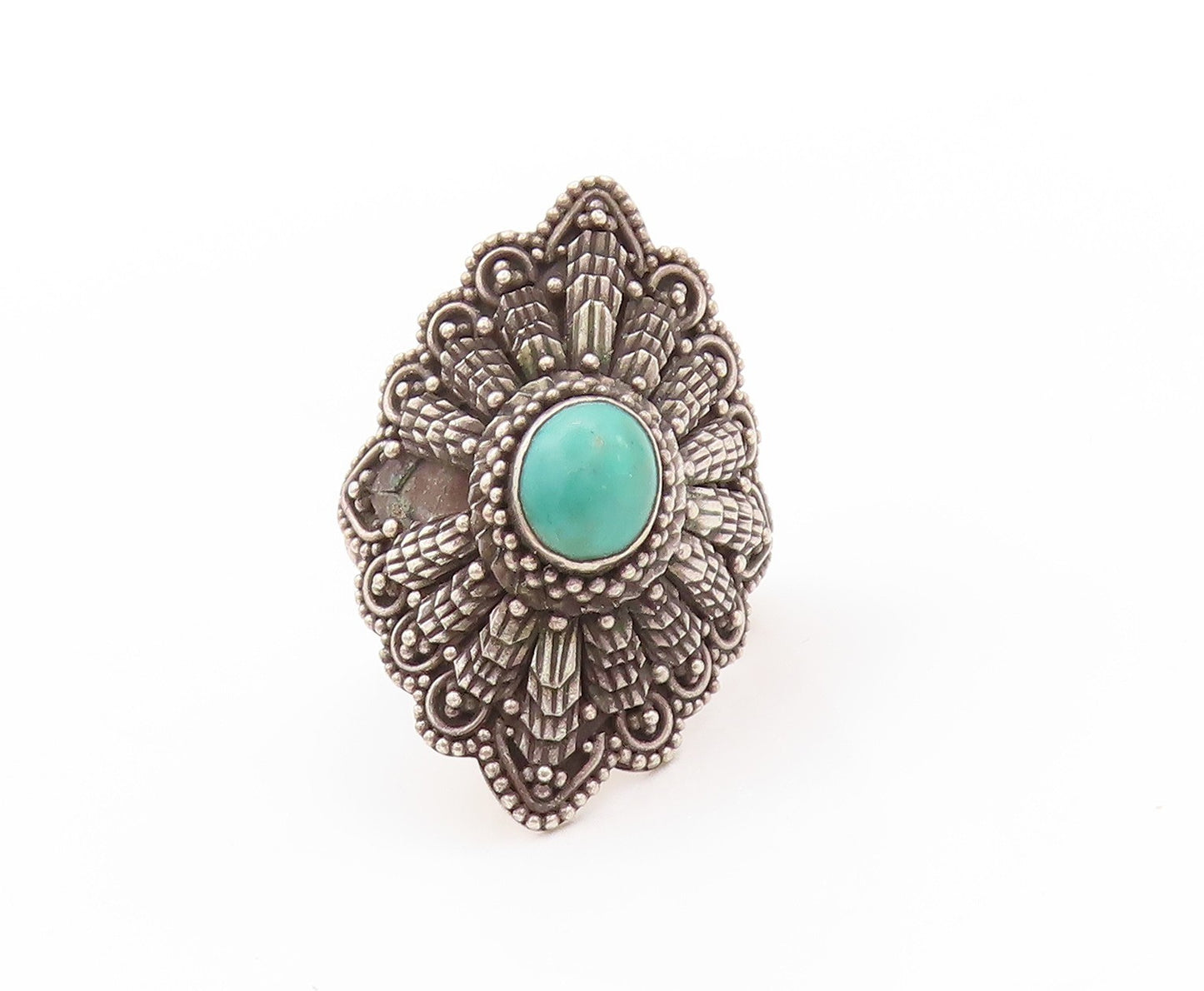 925 Sterling Silver Vintage Ring Antique Dark Tone Turquoise Flower Sz 7 RG32740
