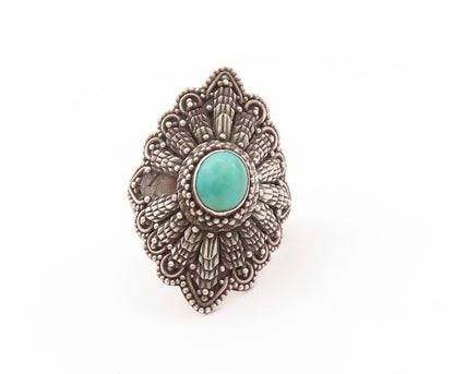 925 Sterling Silver Vintage Ring Antique Dark Tone Turquoise Flower Sz 7 RG32740