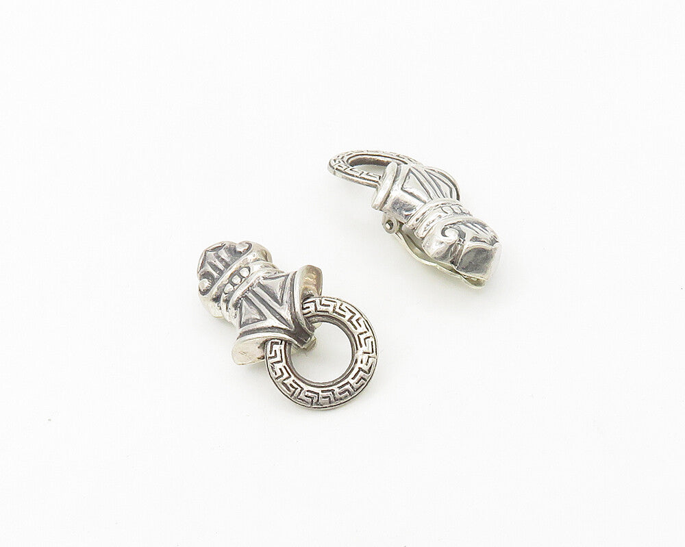 925 Sterling Silver  Vintage Shiny Greek Key Non Pierce Drop Earrings  EG9249