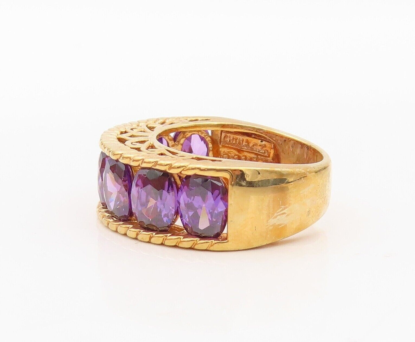 925 Sterling Silver Vintage Ring Gold Plated Carved Amethyst Band  Sz 7  RG30071