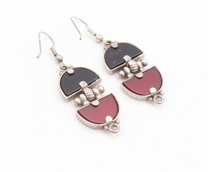 925 Sterling Silver Vintage Earrings D Shape Black & Red Onyx  EG13294