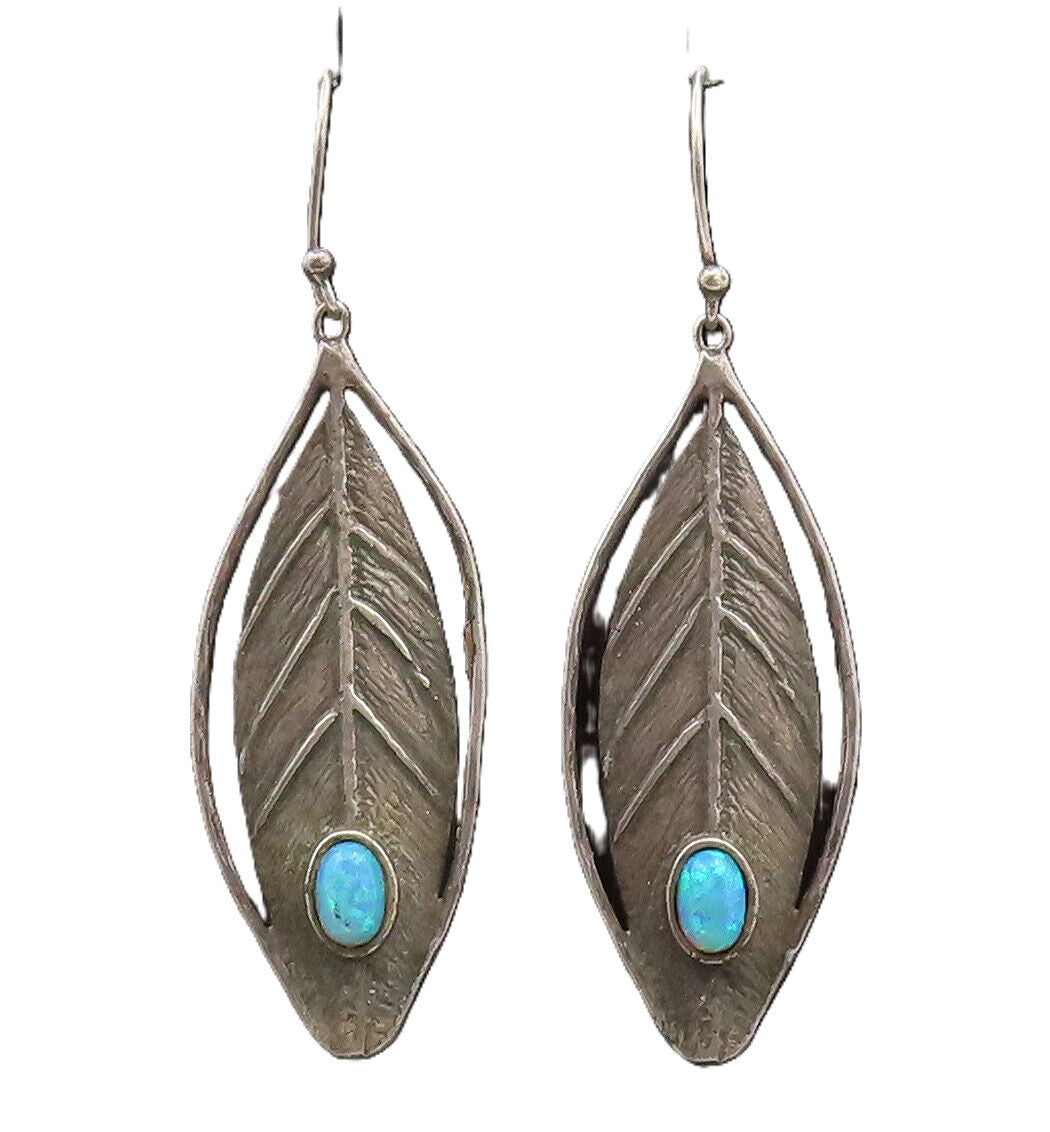 ISRAEL 925 Silver  Vintage Modernist Carved Leaf  Fire Opal Earrings  EG12595