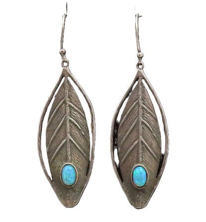 ISRAEL 925 Silver  Vintage Modernist Carved Leaf  Fire Opal Earrings  EG12595