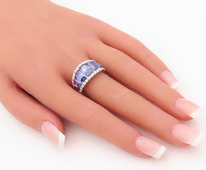 925 Sterling Silver Vintage Ring Split Band Rectangle Sapphire & CZ Sz 7 RG30350