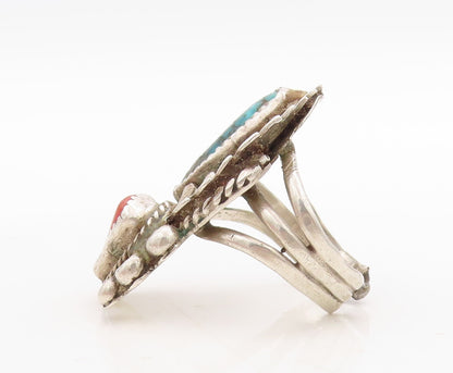 925 Sterling Silver Vintage Ring NAVAJO Turquoise Carnelian Floral Sz 10 RG31655