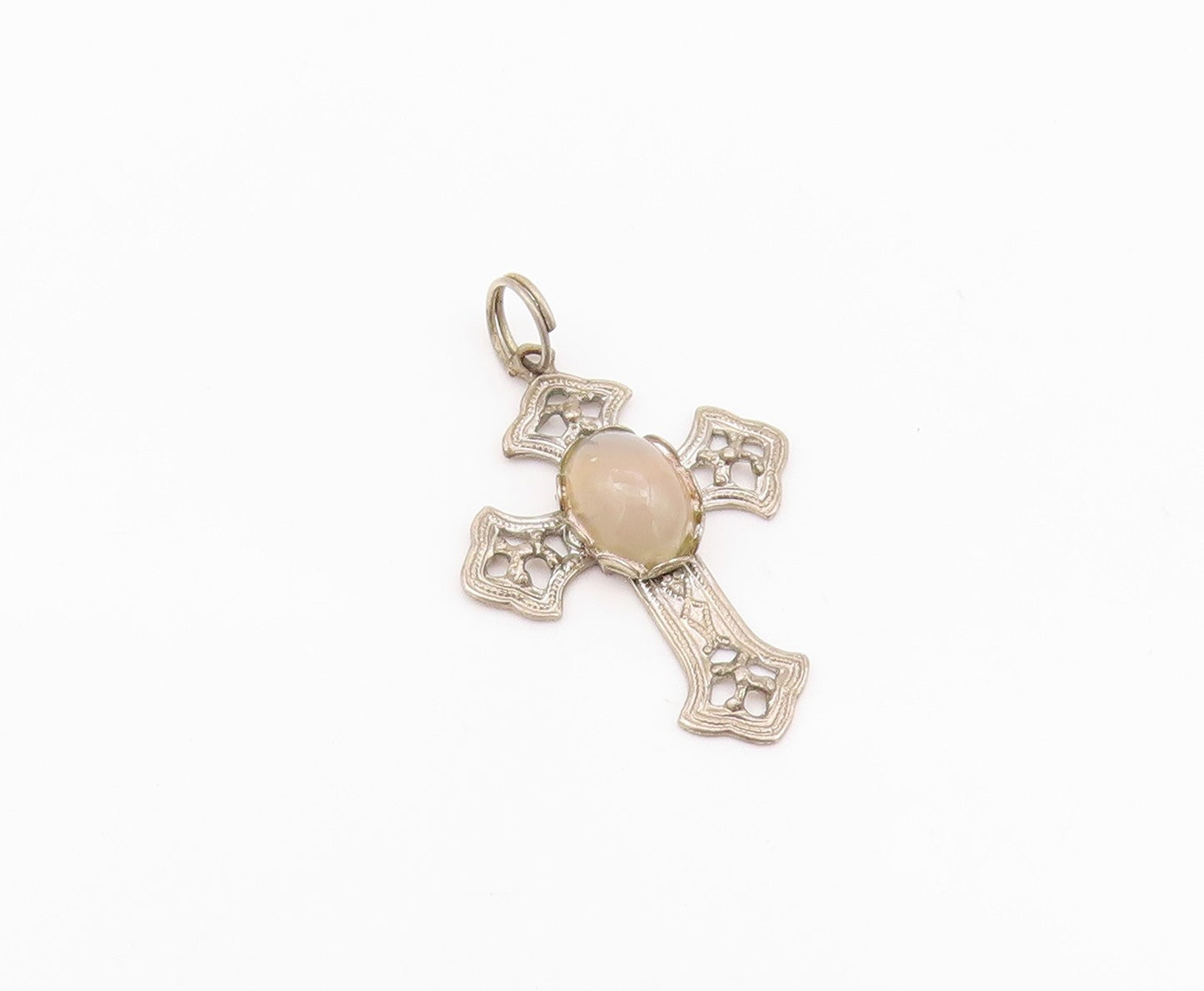 925 Sterling Silver Vintage Pendant Antique Gemstone Carved Cross  PT24272