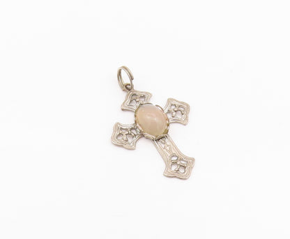 925 Sterling Silver Vintage Pendant Antique Gemstone Carved Cross  PT24272