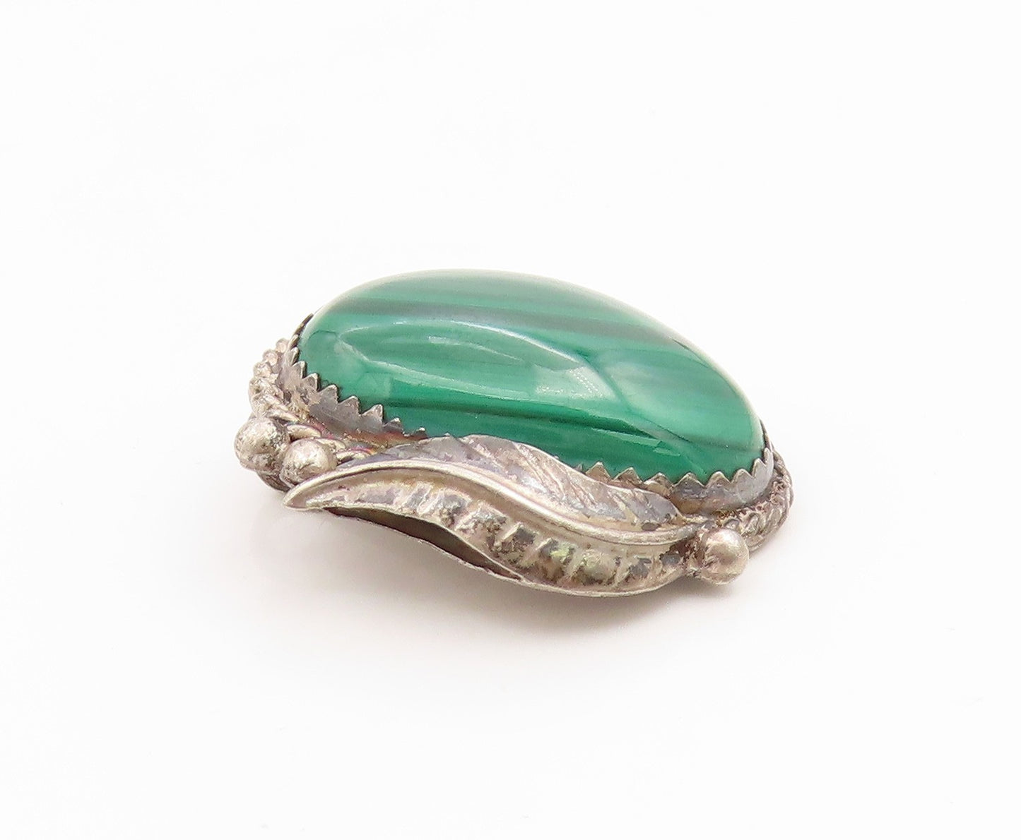 925 Sterling Silver Vintage Pendant NAVAJO Malachite Floral Leaf Charm  PT25905